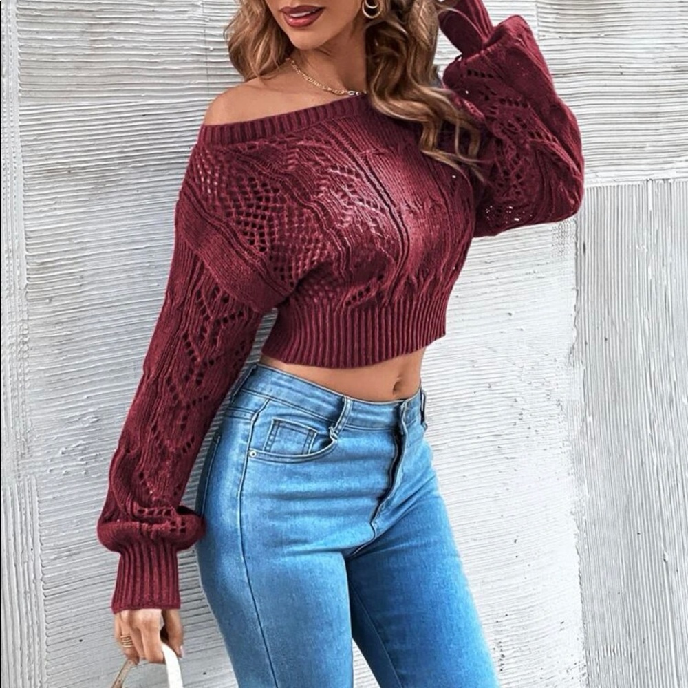 Off The Shoulder Pointelle Knit Crop Sweater - Picture 5 of 7